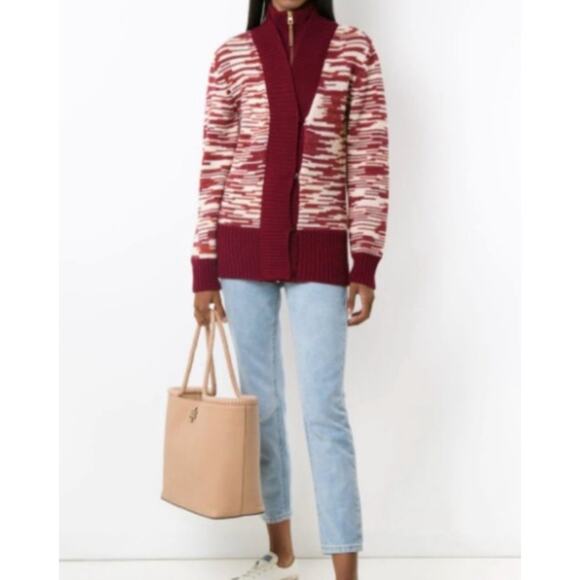 TORY BURCH Olivia Merino Wool Zip Front Cardigan Red Cordovan Women's M - Picture 7 of 16